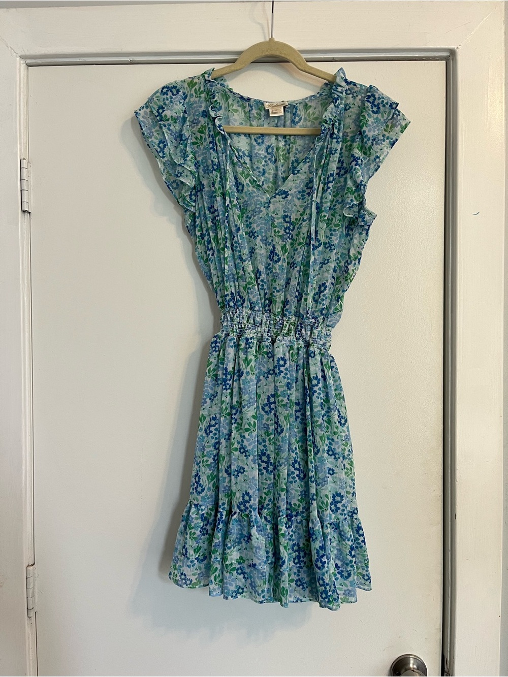 Shoshanna Edelie Dress Blue Green Floral V-Neck Ruffle Mini Dress size 8 - Picture 2 of 7
